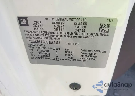 2011 Chevrolet Traverse Ltz from USA, damaged, VIN 1GNKRLED3BJ339481